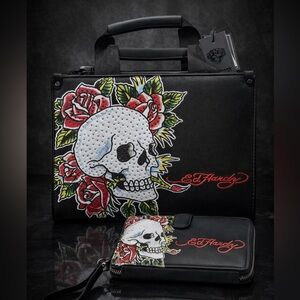 Ed Hardy Skull & Roses Satchel/crossbody + Wristlet Set Black Tattoo Style